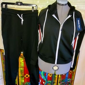 KIMBERLY.C  Zip Hoodie and Joggers, black w/white, red stripe, size L/XL, NWT